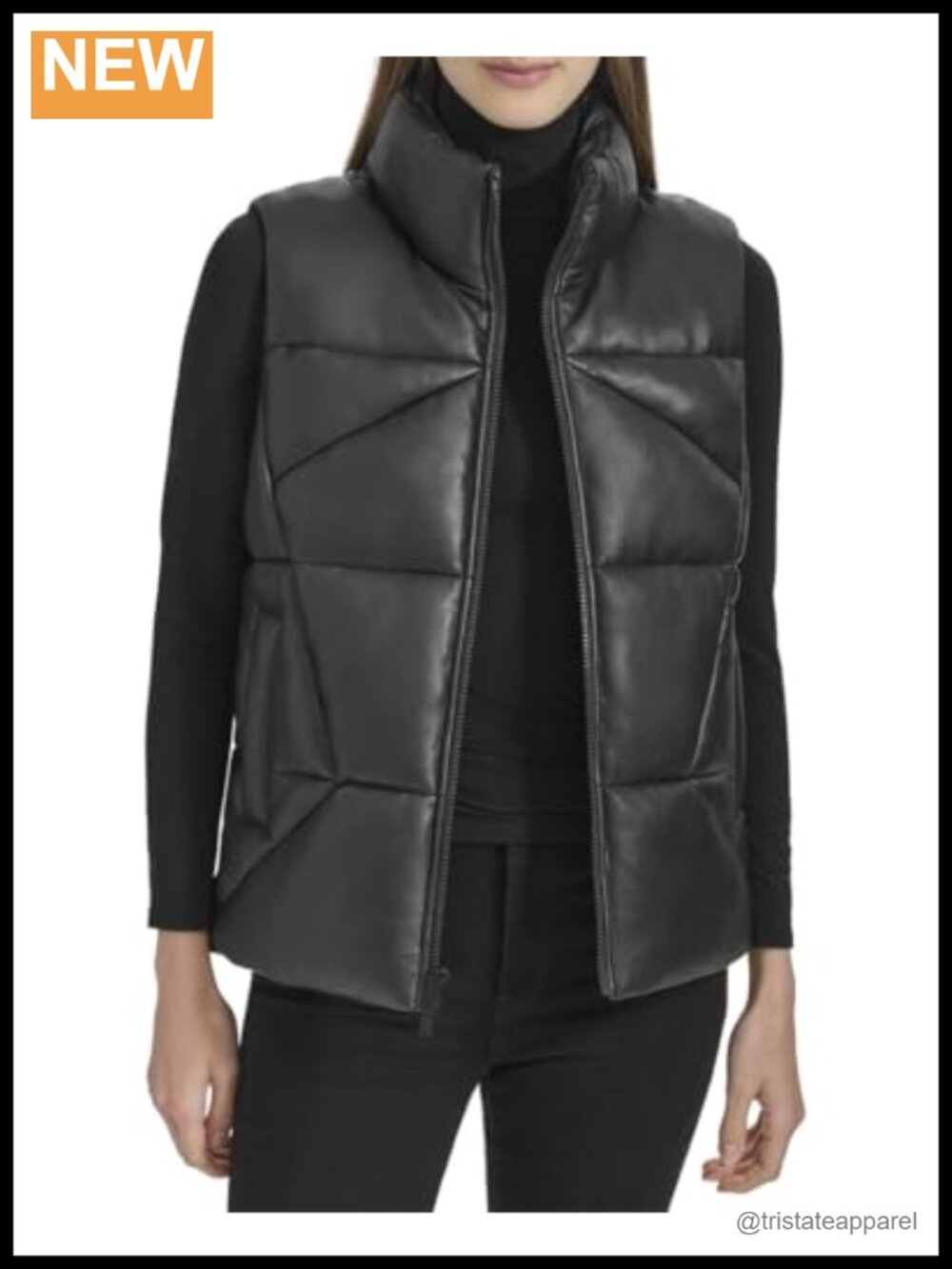 Women's Quilted Faux Leather Zip Front Puffer Vest Sleeveless